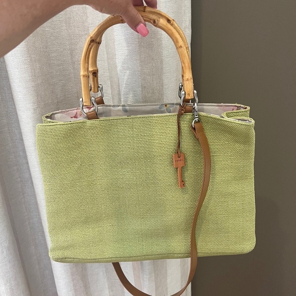 Fossil Bamboo Wooden Handle Woven Satchel Crossbody Lime Green Purse - Picture 1 of 11